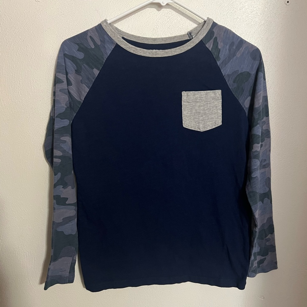 LAND'S END Classic Athleisure Camo Long Sleeve Baseball T Navy Blue Grey Sz L